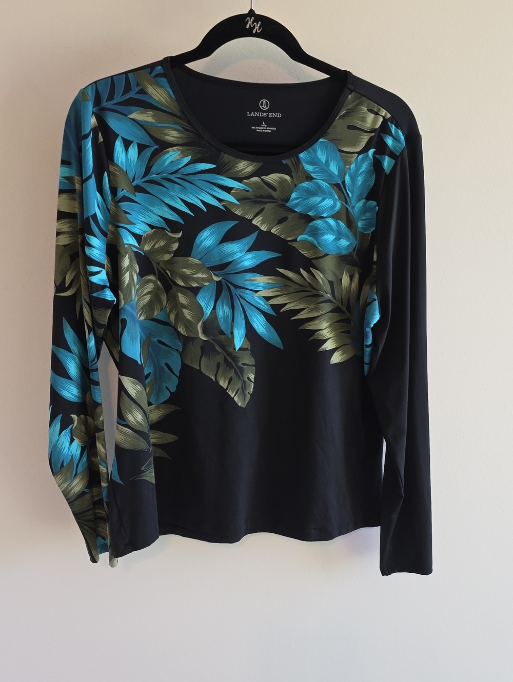 Lands' End Rash Guard Top Womens Large Black Long Sleeve Tropical Leaf Unlined